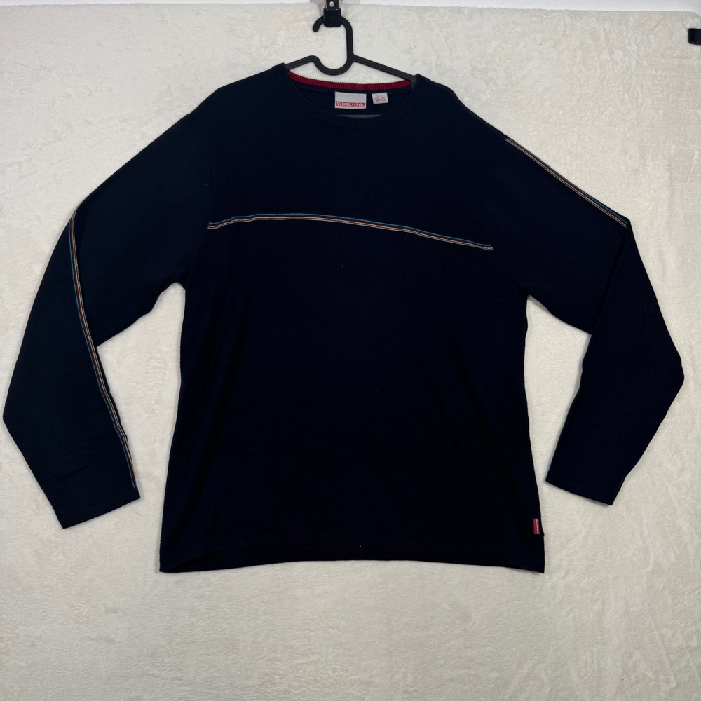 Quiksilver Sweater Mens Large Navy Blue Striped Crew Neck Cotton Blend Pullover
